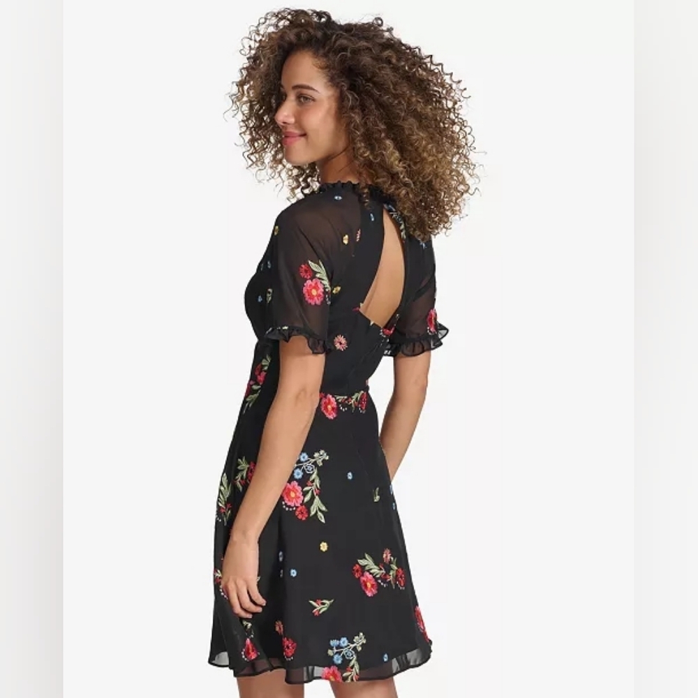 NWT Size 12 Kensie Black & Multi Embroidered Chiffon Back Cutout A Line Dress - Picture 3 of 9